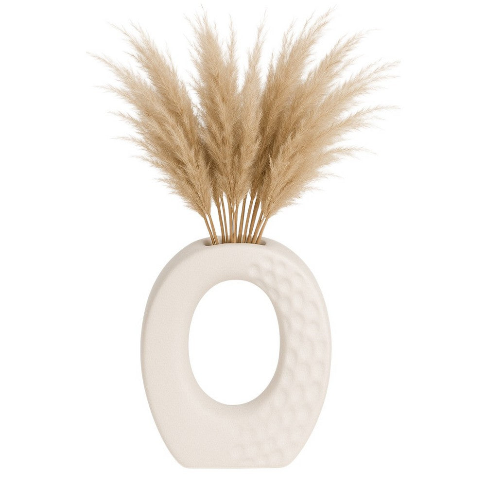 Decorative Flower Vase | Open Ring Cut Out | Rough White Ceramic | 7"