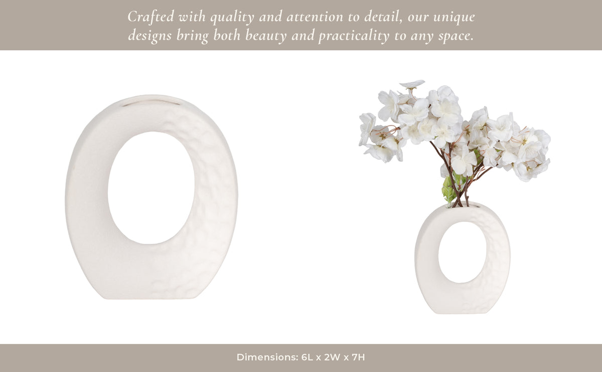 Decorative Flower Vase | Open Ring Cut Out | Rough White Ceramic | 7"
