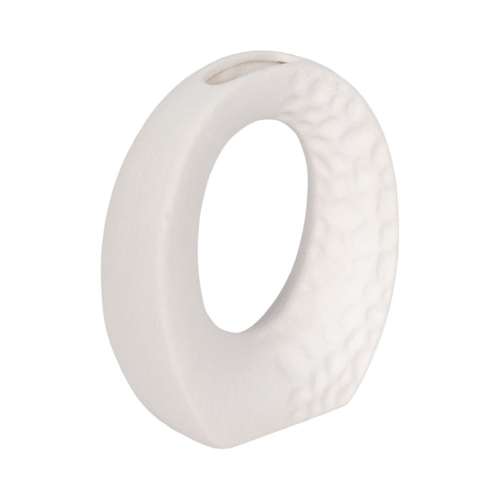 Decorative Flower Vase | Open Ring Cut Out | Rough White Ceramic | 7"