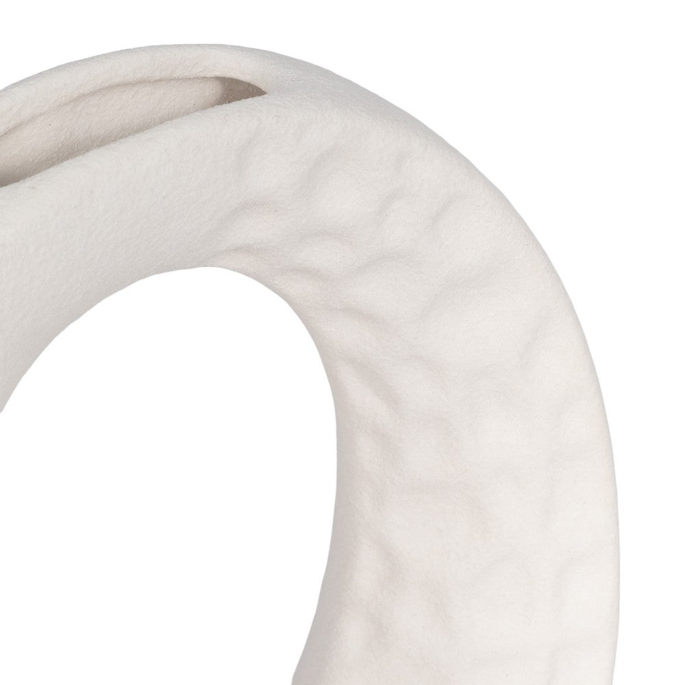 Decorative Flower Vase | Open Ring Cut Out | Rough White Ceramic | 7"
