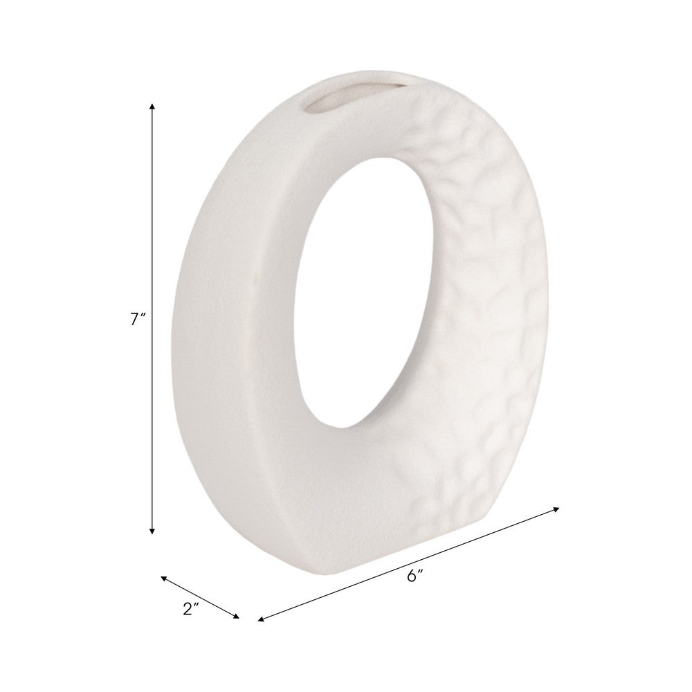 Decorative Flower Vase | Open Ring Cut Out | Rough White Ceramic | 7"