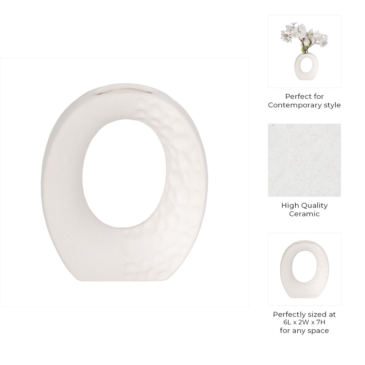 Decorative Flower Vase | Open Ring Cut Out | Rough White Ceramic | 7"