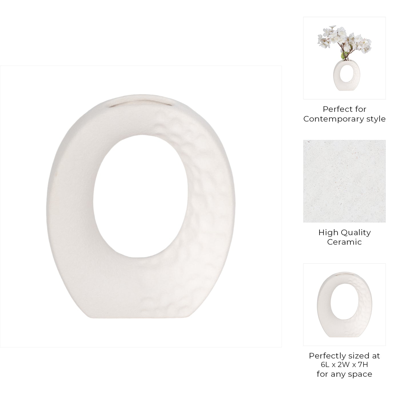 Decorative Flower Vase | Open Ring Cut Out | Rough White Ceramic | 7"