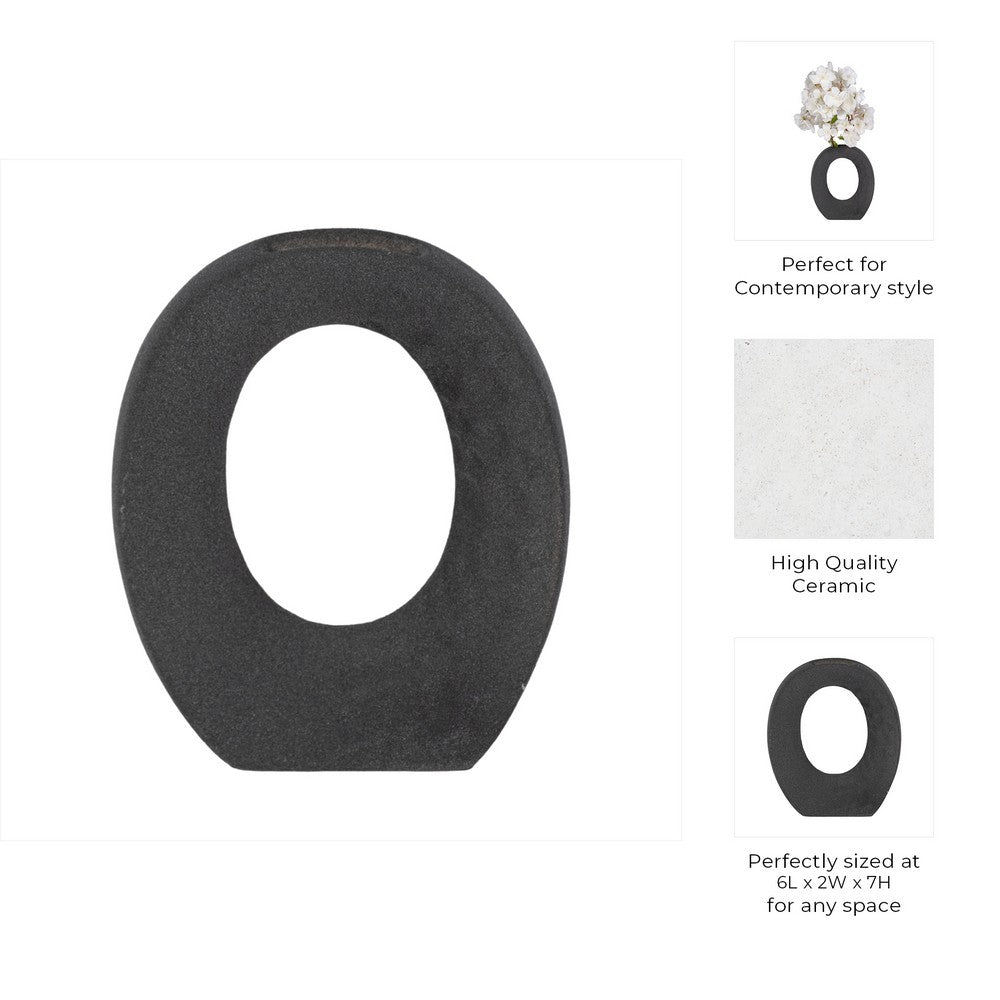 Decorative Floral Vase | Cutout Ring Sculpture | 7" Black Ceramic