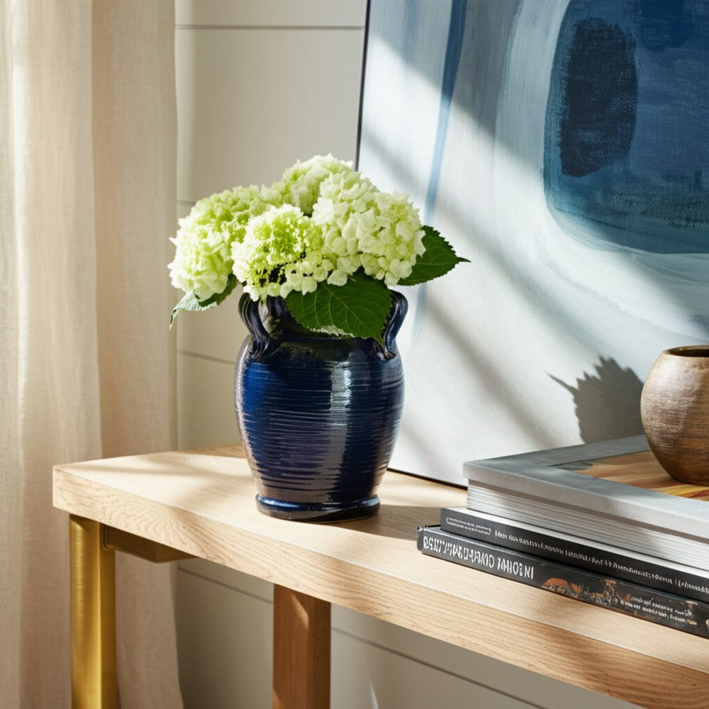 Urn Vase w Ear Handles | Ribbed Texture | Navy Blue Terracotta 7"