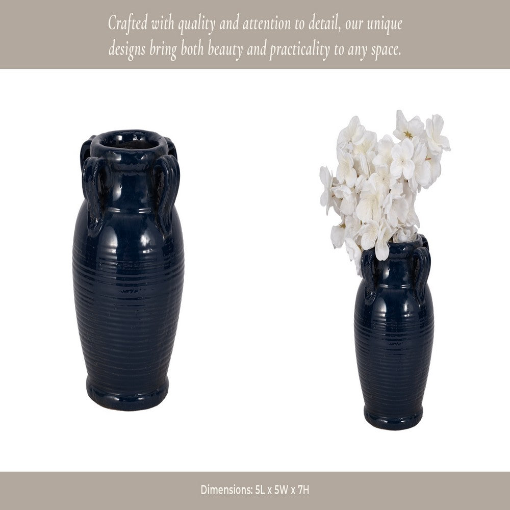 Urn Vase w Ear Handles | Ribbed Texture | Navy Blue Terracotta 7"