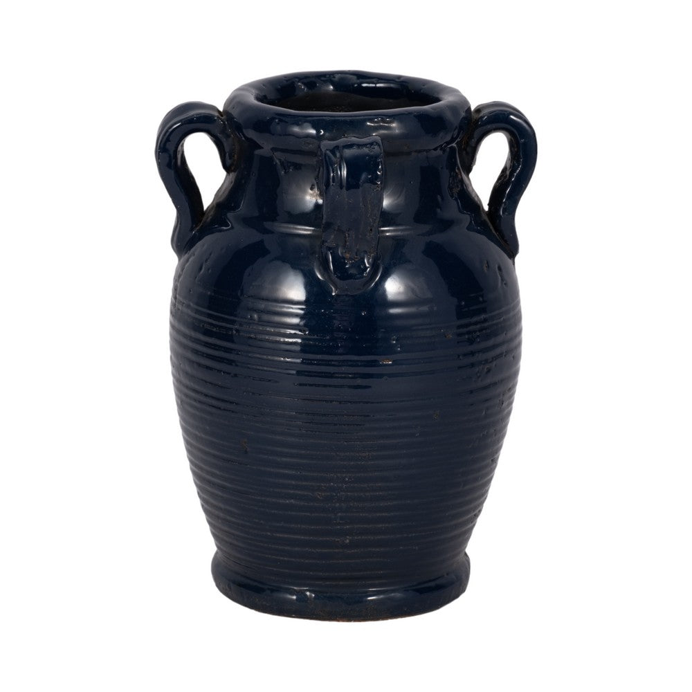 Urn Vase w Ear Handles | Ribbed Texture | Navy Blue Terracotta 7"