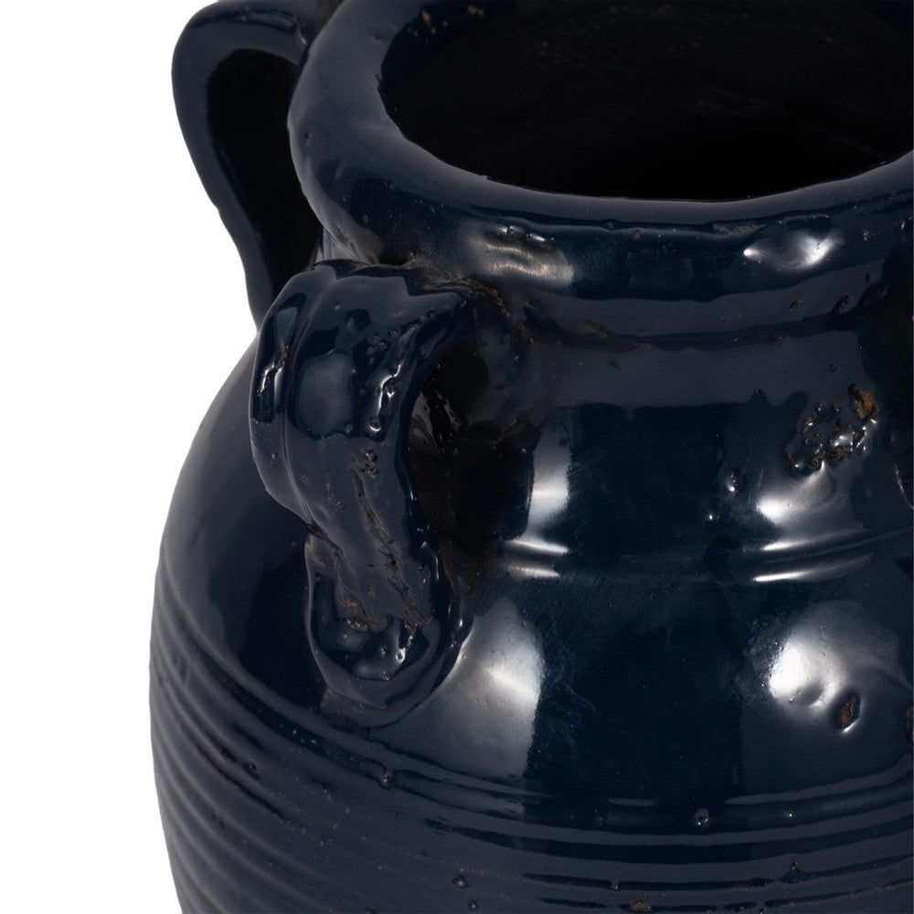 Urn Vase w Ear Handles | Ribbed Texture | Navy Blue Terracotta 7"