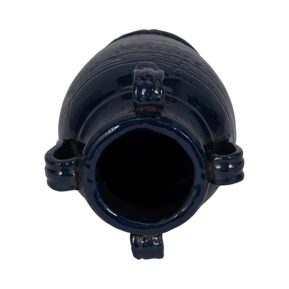 Urn Vase w Ear Handles | Ribbed Texture | Navy Blue Terracotta 7"