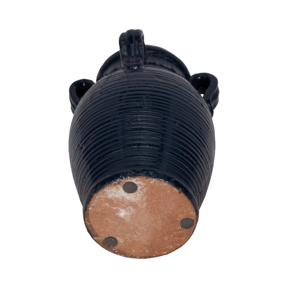 Urn Vase w Ear Handles | Ribbed Texture | Navy Blue Terracotta 7"