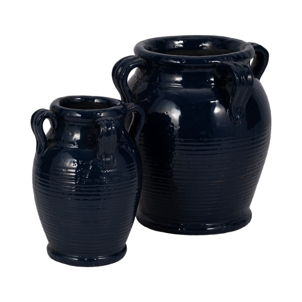 Urn Vase w Ear Handles | Ribbed Texture | Navy Blue Terracotta 7"