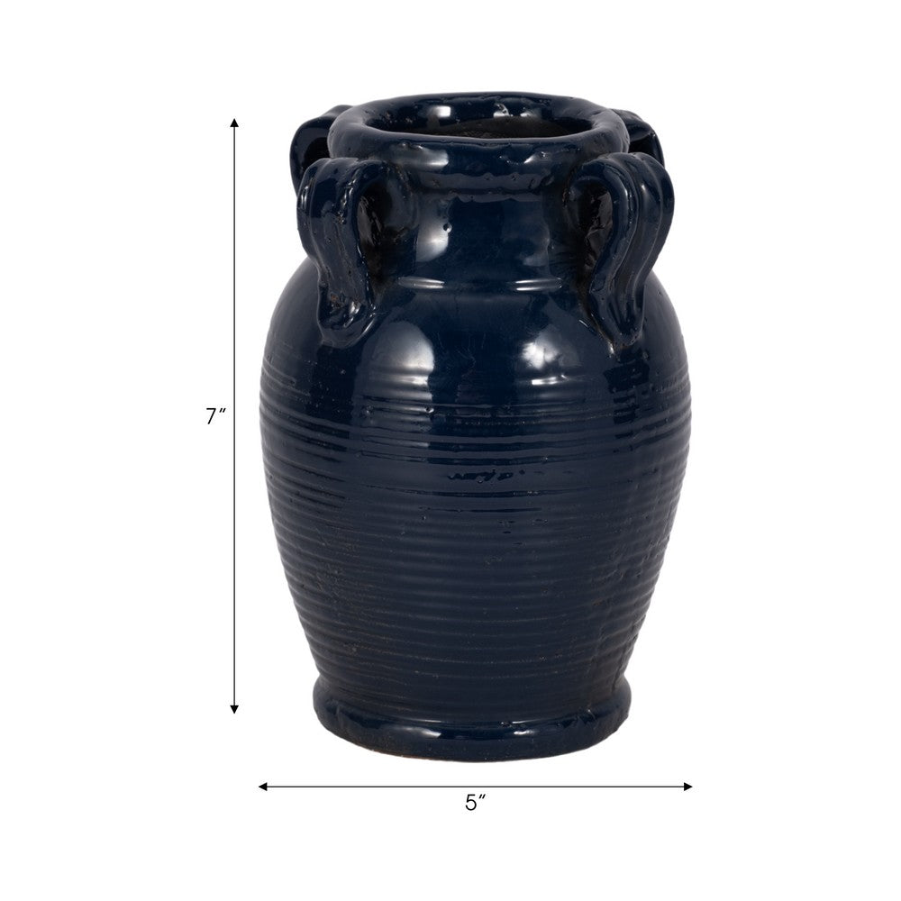Urn Vase w Ear Handles | Ribbed Texture | Navy Blue Terracotta 7"