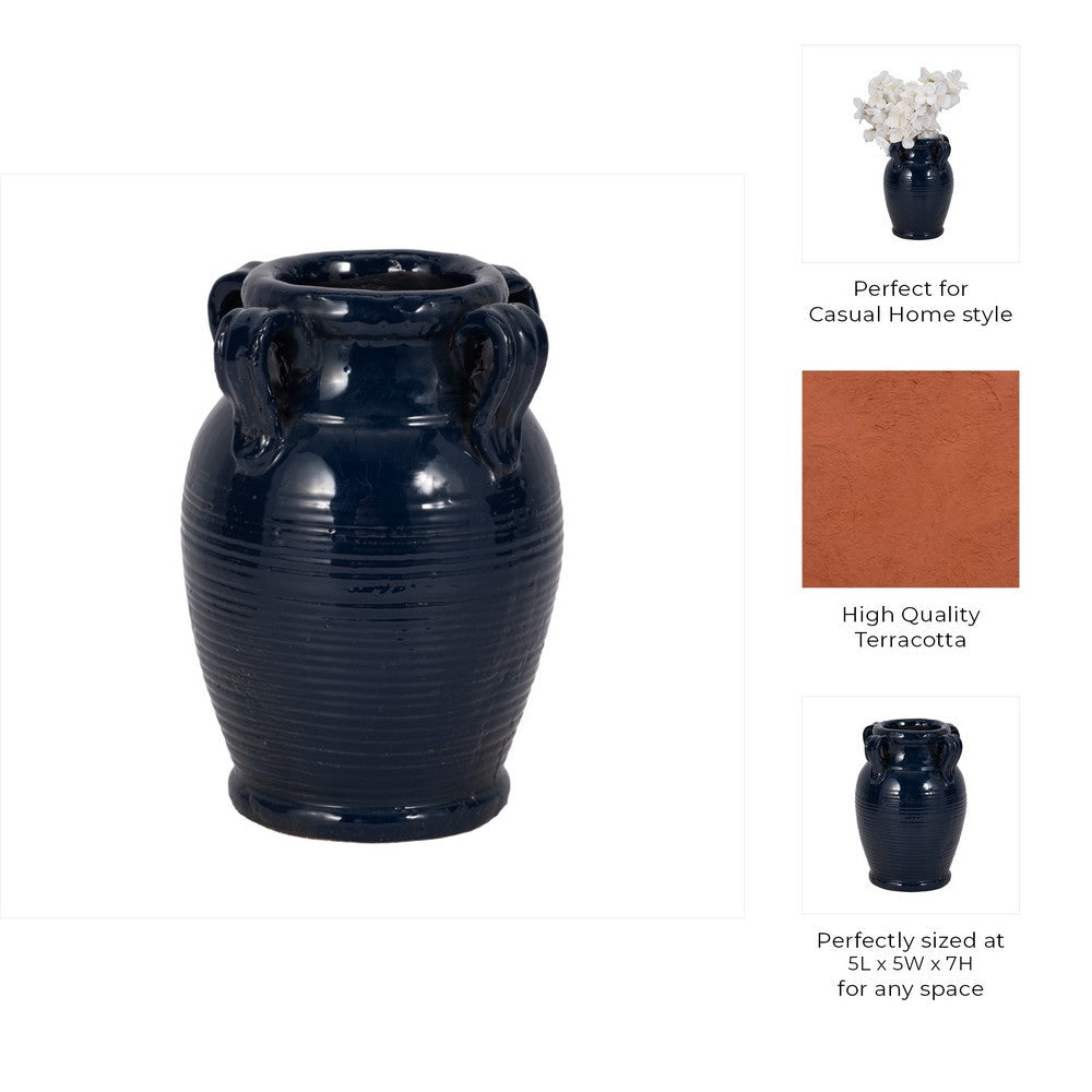 Urn Vase w Ear Handles | Ribbed Texture | Navy Blue Terracotta 7"