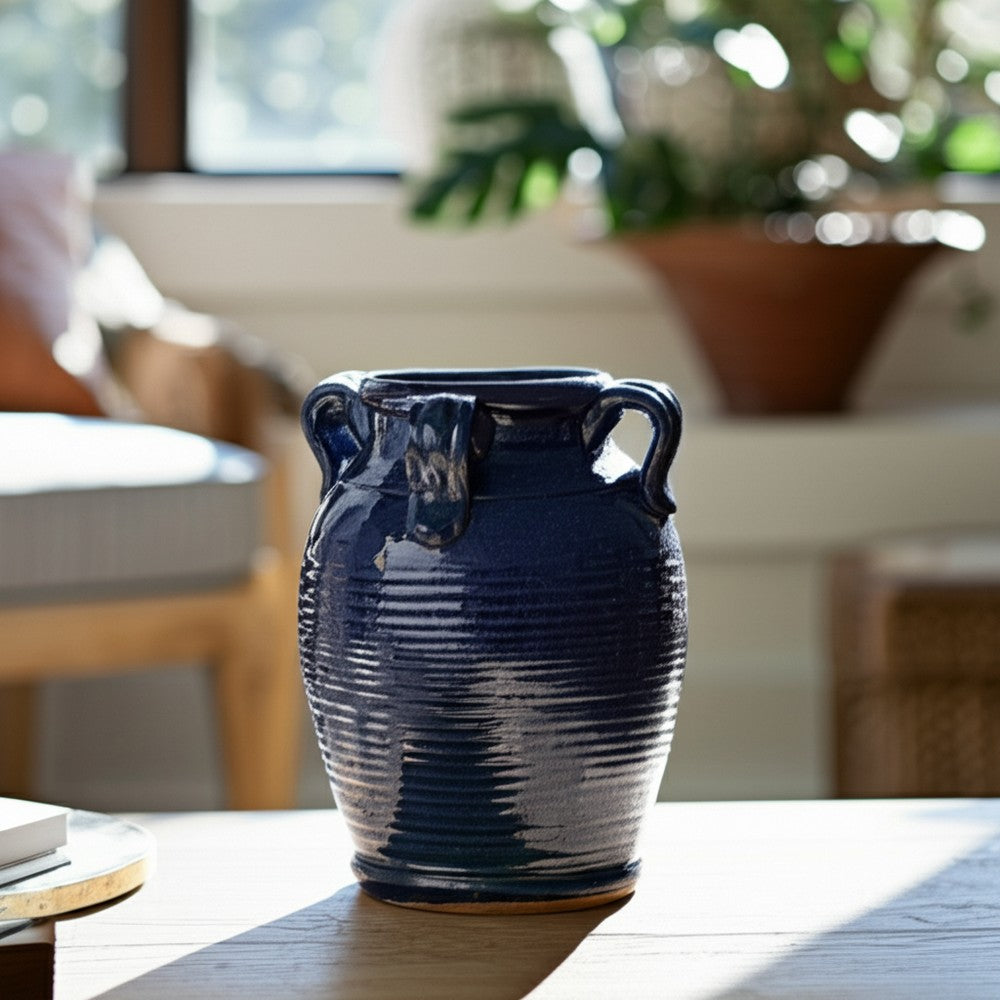 Urn Vase w Ear Handles | Ribbed Texture | Navy Blue Terracotta 7"