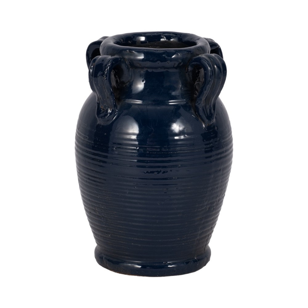 Urn Vase w Ear Handles | Ribbed Texture | Navy Blue Terracotta 7"