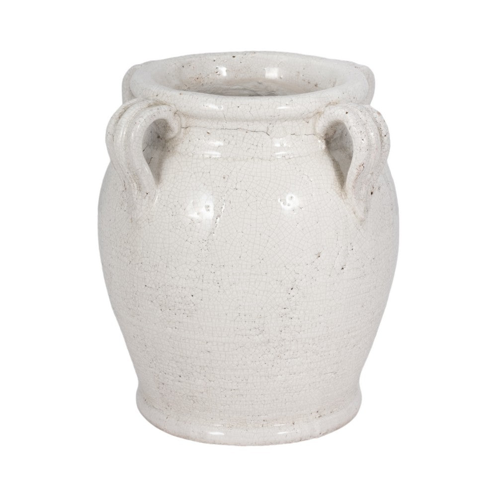 Porus Decorative Vase with Side Handles | White Crackle Terracotta 10"