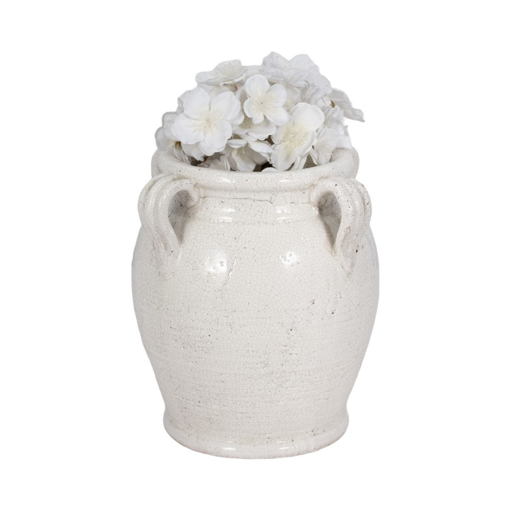 Porus Decorative Vase with Side Handles | White Crackle Terracotta 10"