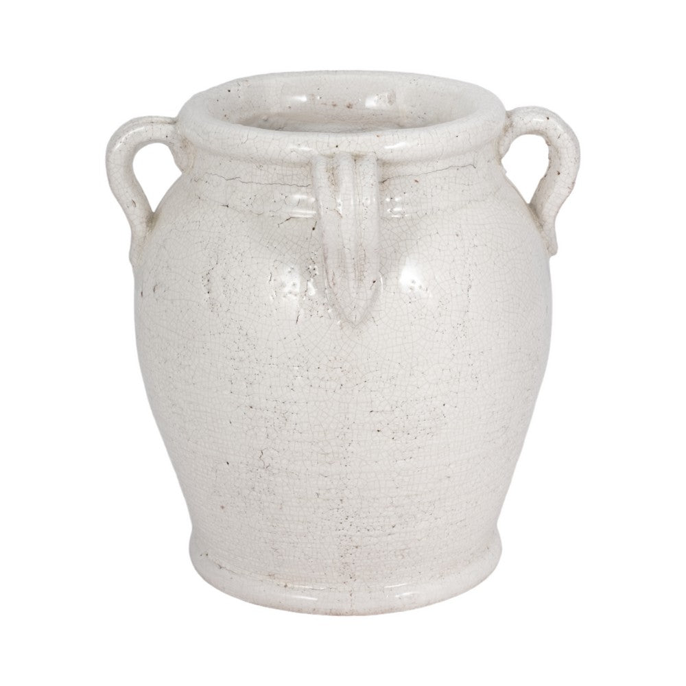 Porus Decorative Vase with Side Handles | White Crackle Terracotta 10"