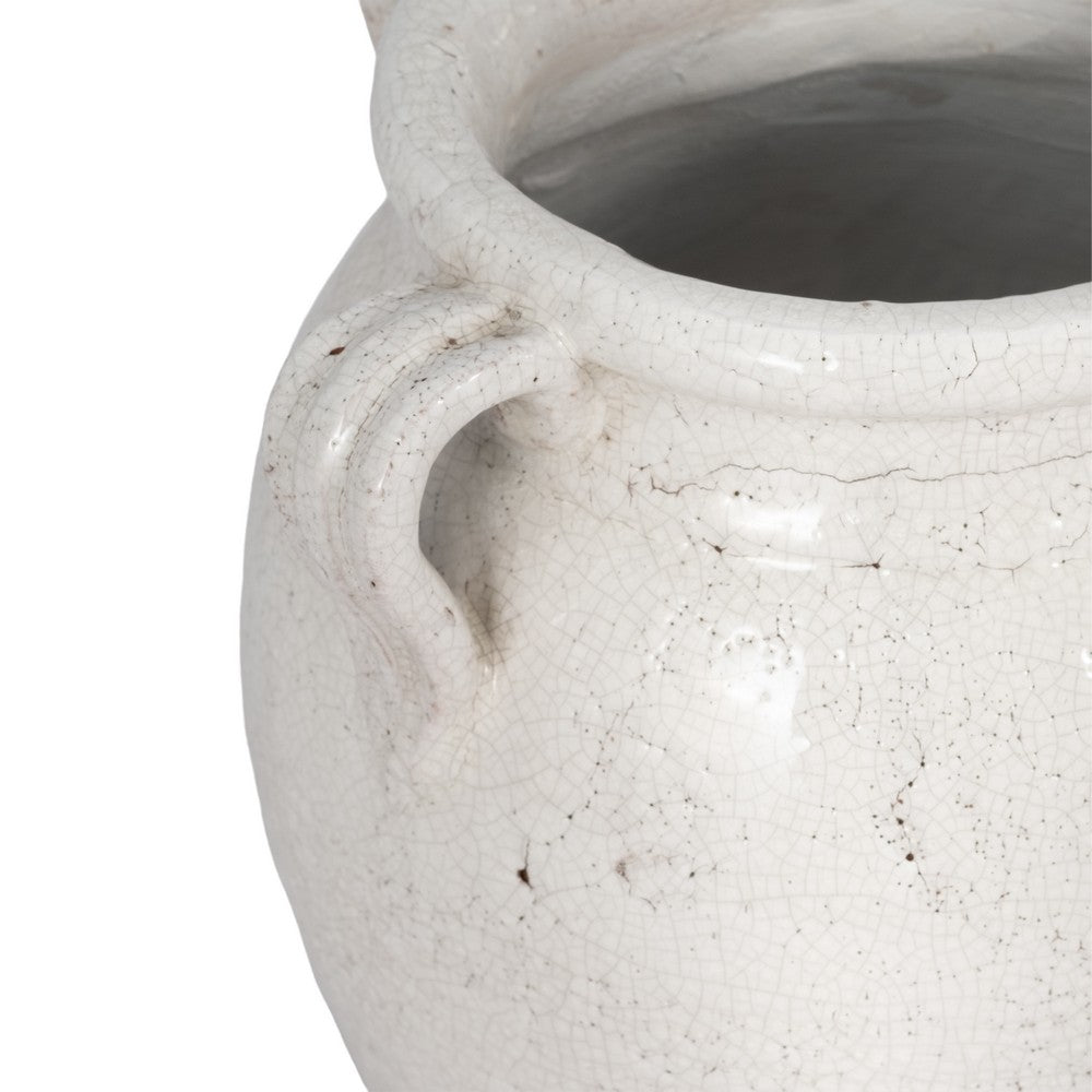 Porus Decorative Vase with Side Handles | White Crackle Terracotta 10"