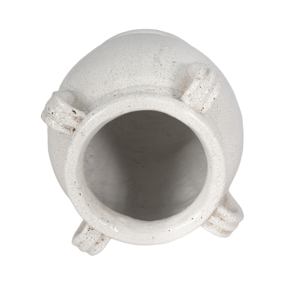 Porus Decorative Vase with Side Handles | White Crackle Terracotta 10"