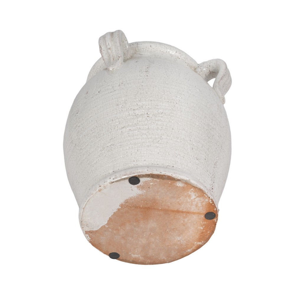 Porus Decorative Vase with Side Handles | White Crackle Terracotta 10"