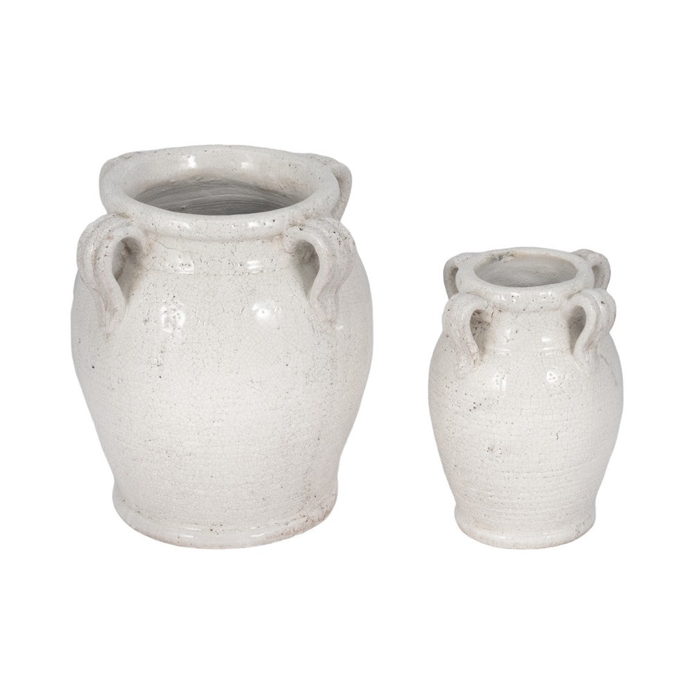 Porus Decorative Vase with Side Handles | White Crackle Terracotta 10"