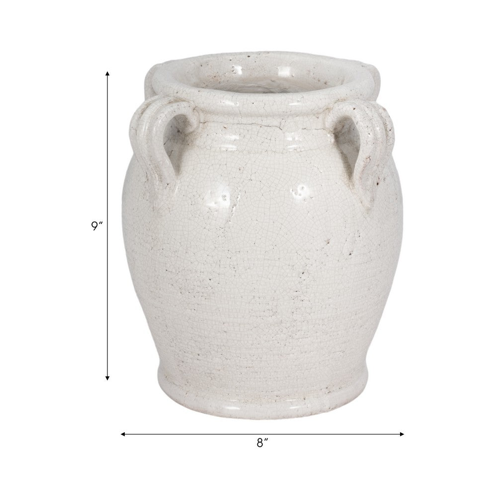 Porus Decorative Vase with Side Handles | White Crackle Terracotta 10"