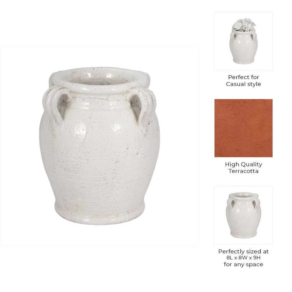 Porus Decorative Vase with Side Handles | White Crackle Terracotta 10"