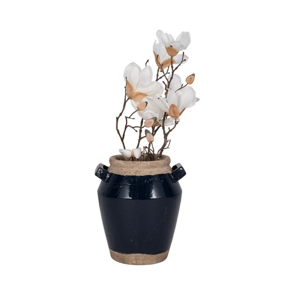 Decorative Flower Vase w 2 Squared Handles | 11" Glazed Navy Blue