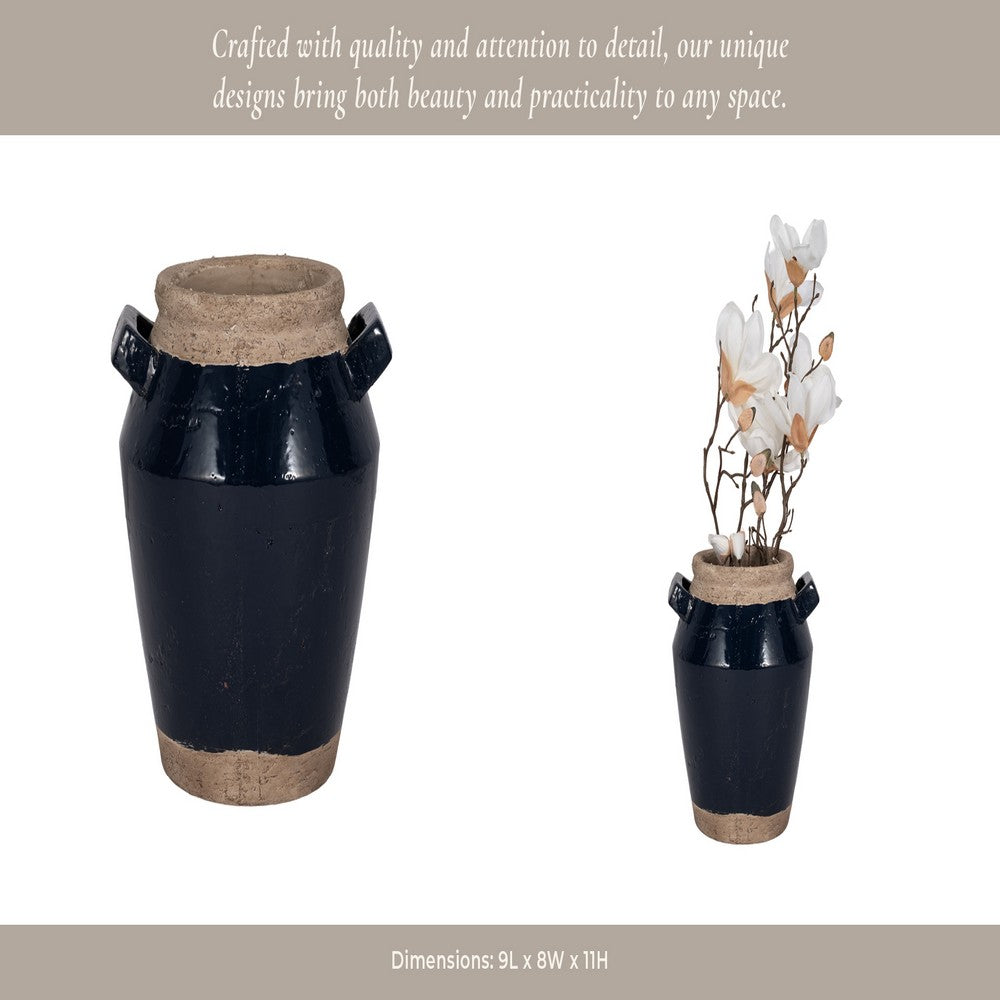 Decorative Flower Vase w 2 Squared Handles | 11" Glazed Navy Blue