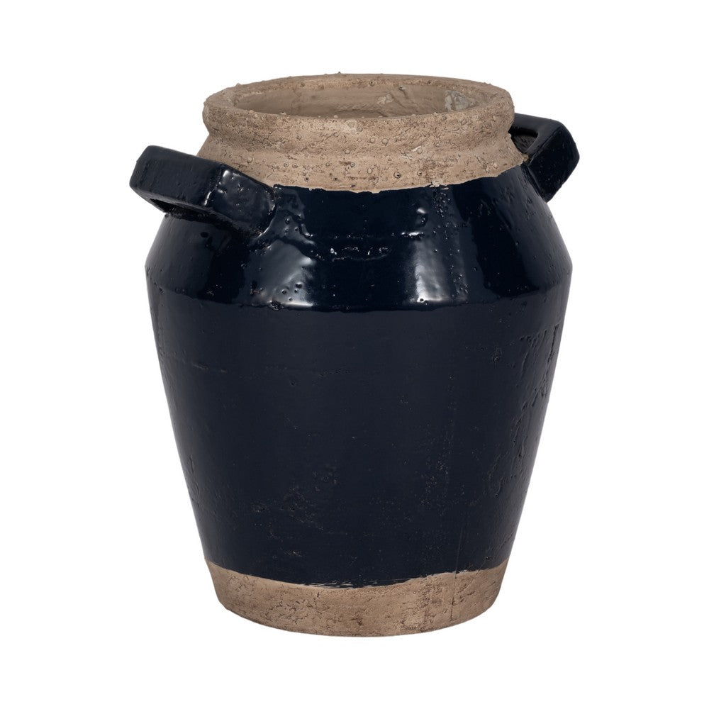 Decorative Flower Vase w 2 Squared Handles | 11" Glazed Navy Blue