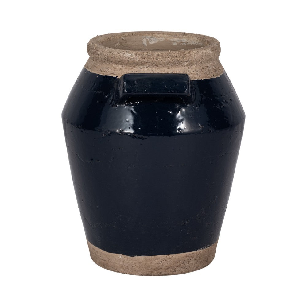 Decorative Flower Vase w 2 Squared Handles | 11" Glazed Navy Blue