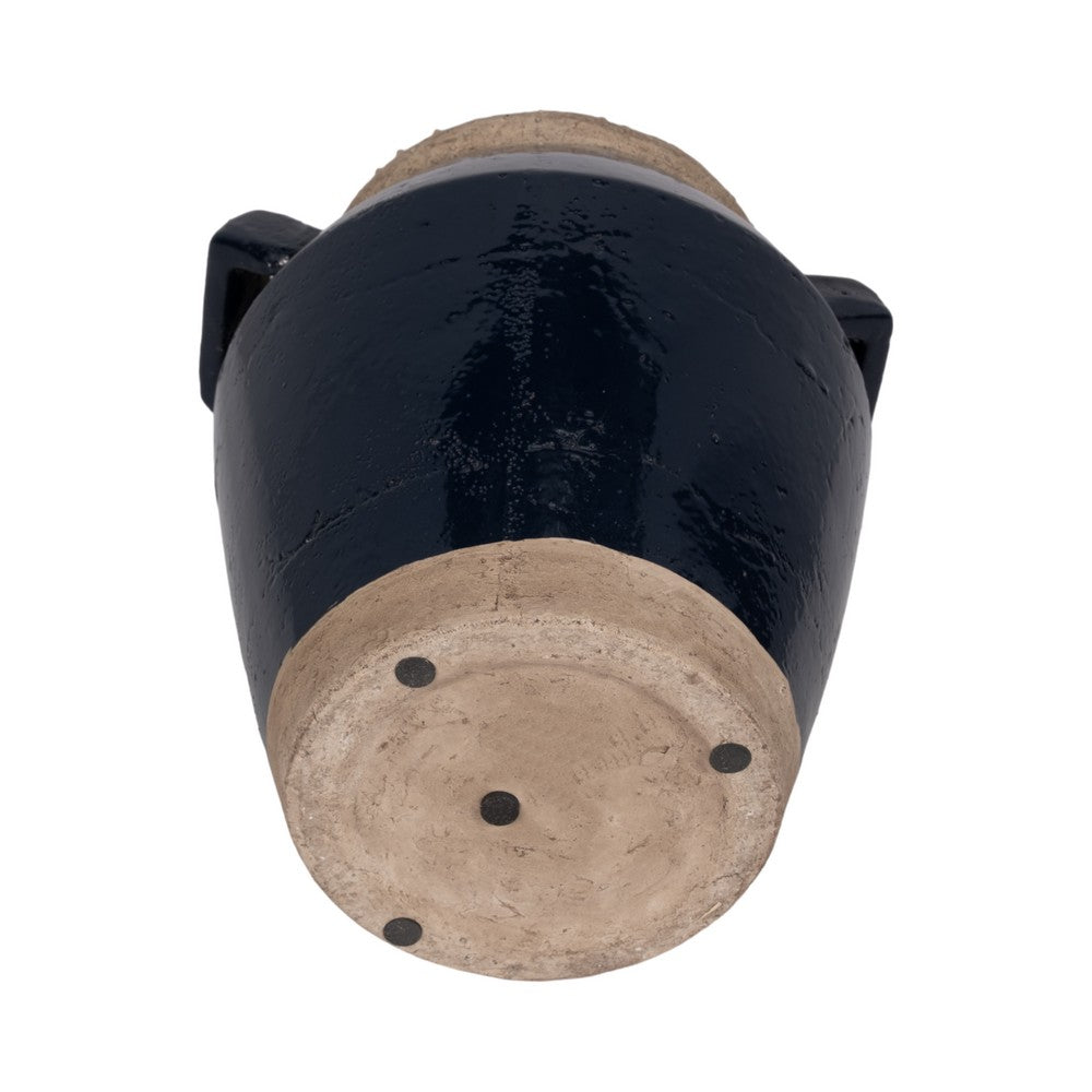 Decorative Flower Vase w 2 Squared Handles | 11" Glazed Navy Blue