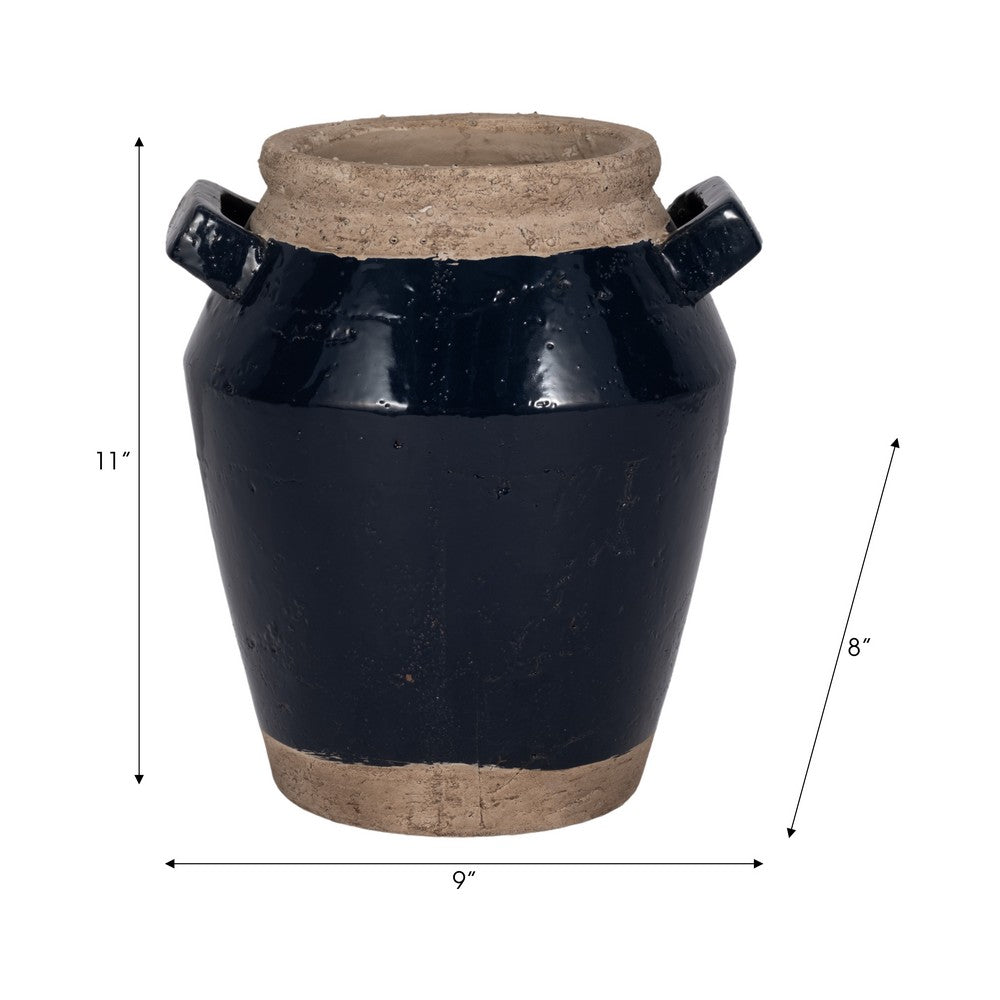 Decorative Flower Vase w 2 Squared Handles | 11" Glazed Navy Blue