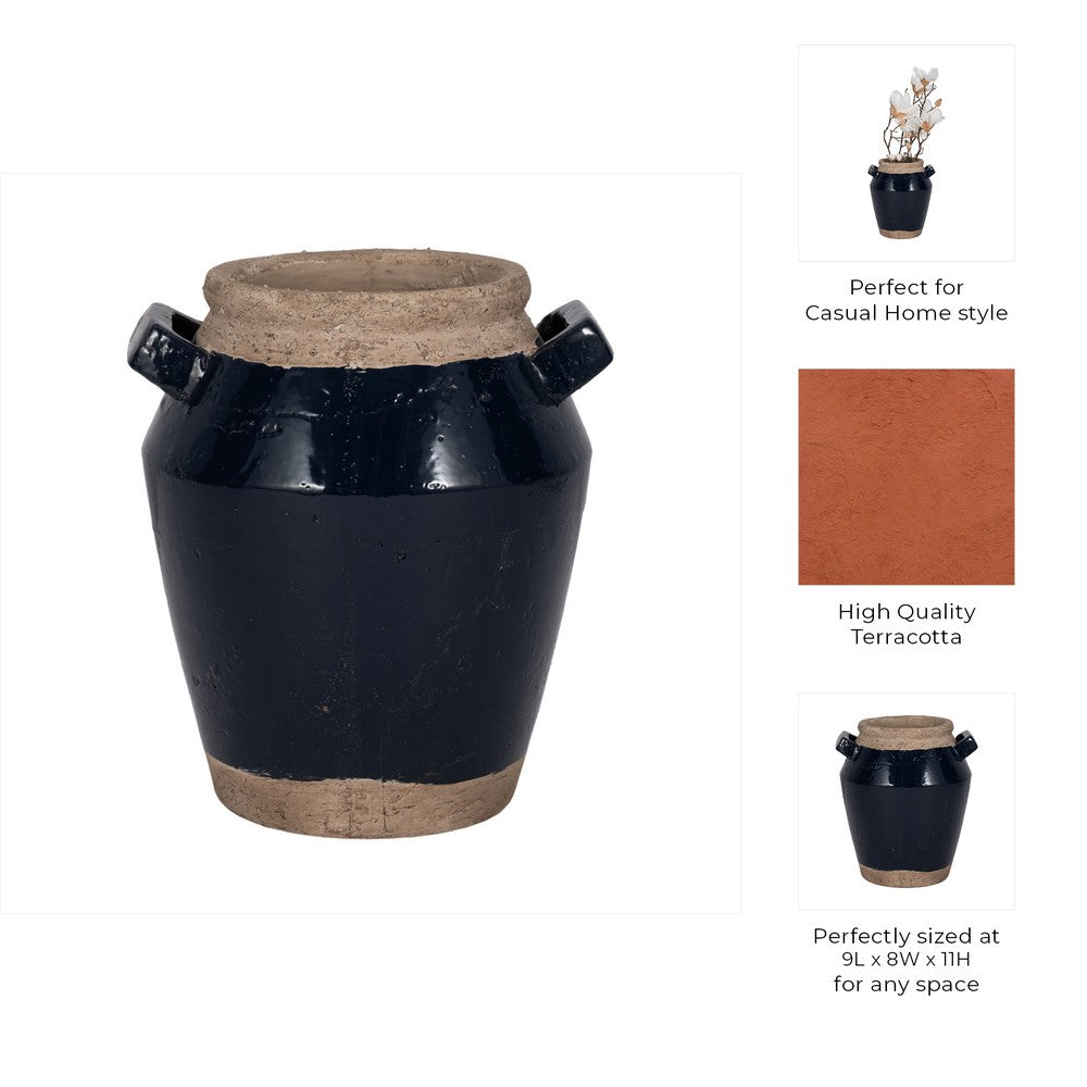Decorative Flower Vase w 2 Squared Handles | 11" Glazed Navy Blue