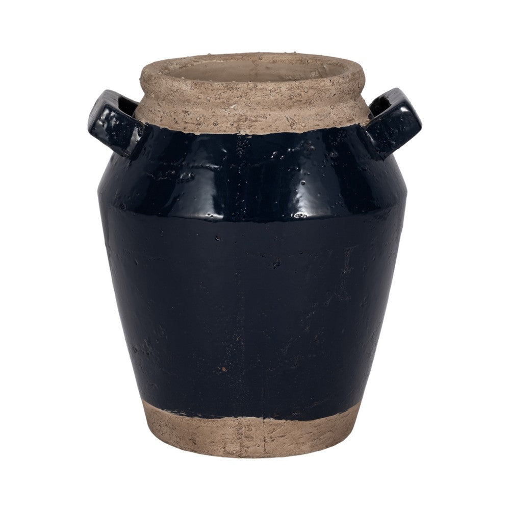 Decorative Flower Vase w 2 Squared Handles | 11" Glazed Navy Blue