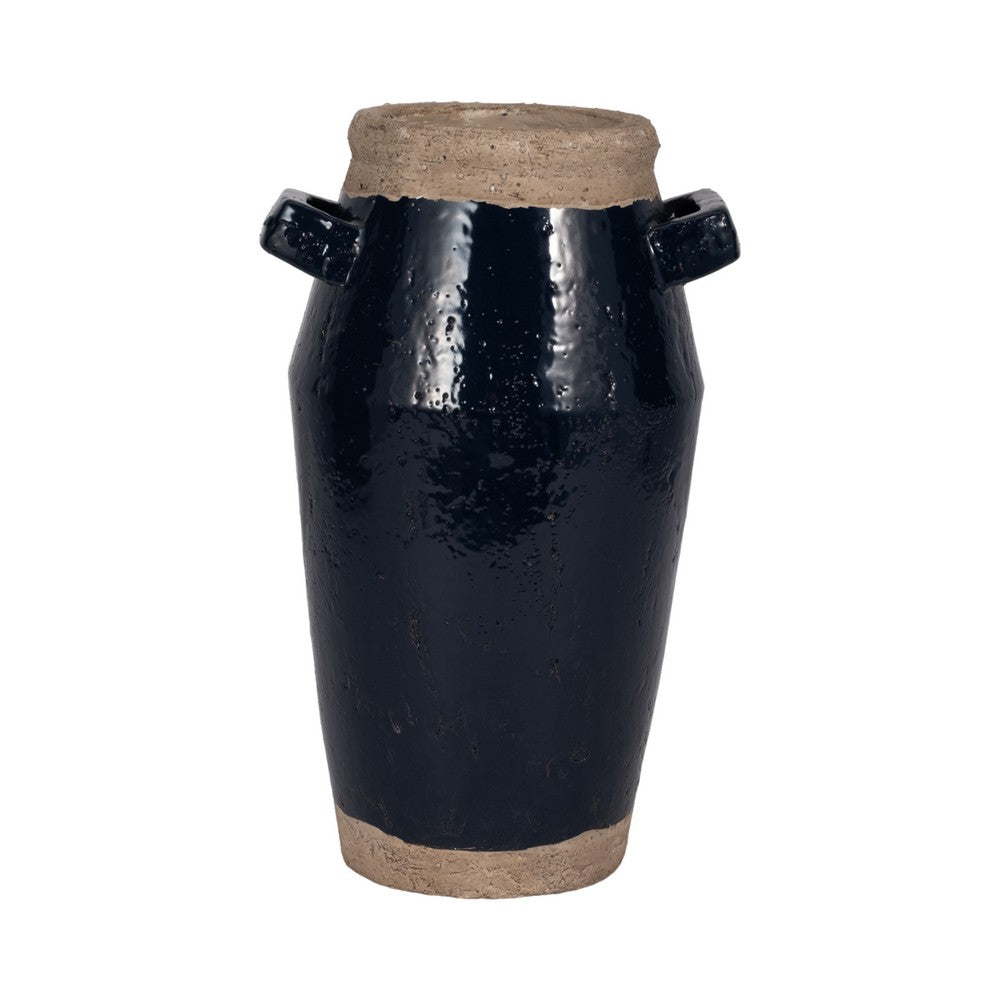 Jaxy Decorative Vase | Squared Side Handle | Navy Blue-Tan Terracotta 14"