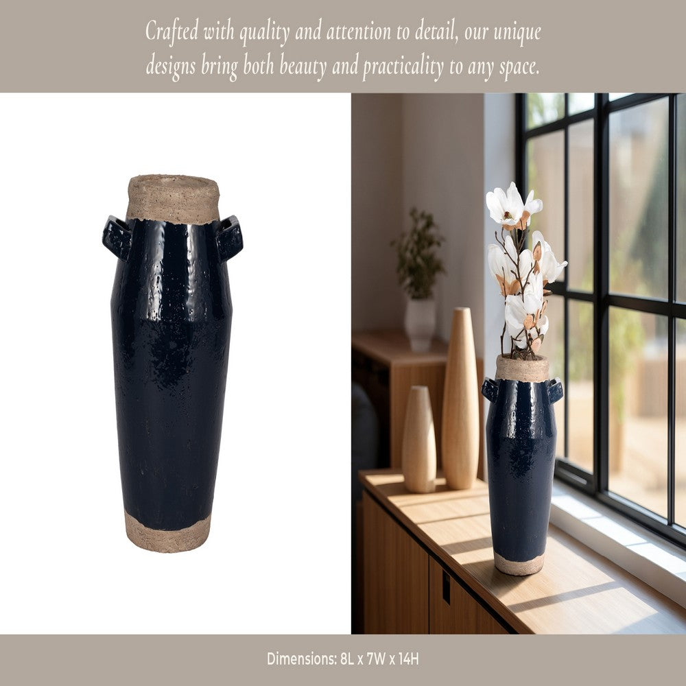 Jaxy Decorative Vase | Squared Side Handle | Navy Blue-Tan Terracotta 14"