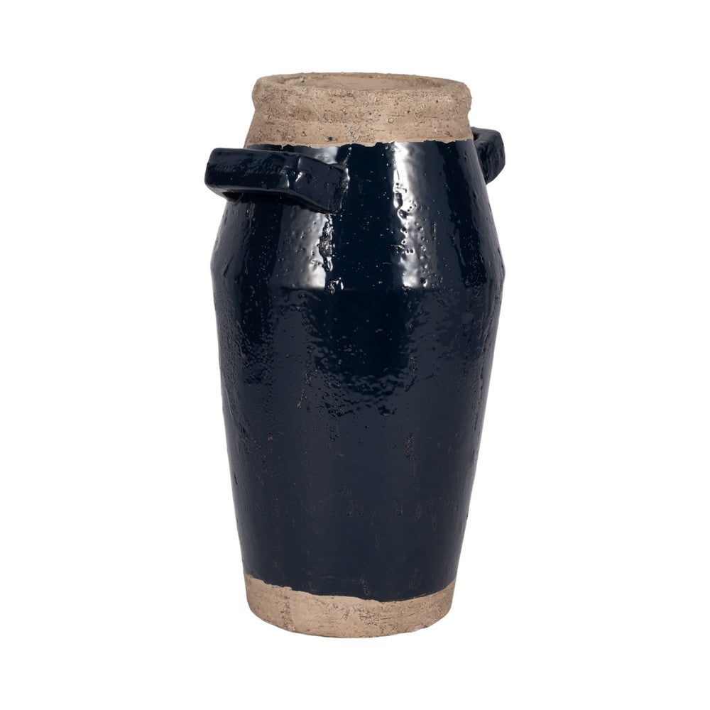 Jaxy Decorative Vase | Squared Side Handle | Navy Blue-Tan Terracotta 14"