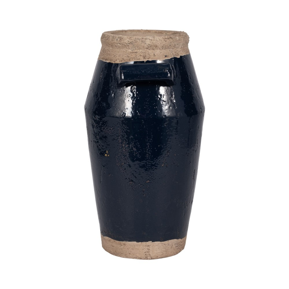 Jaxy Decorative Vase | Squared Side Handle | Navy Blue-Tan Terracotta 14"
