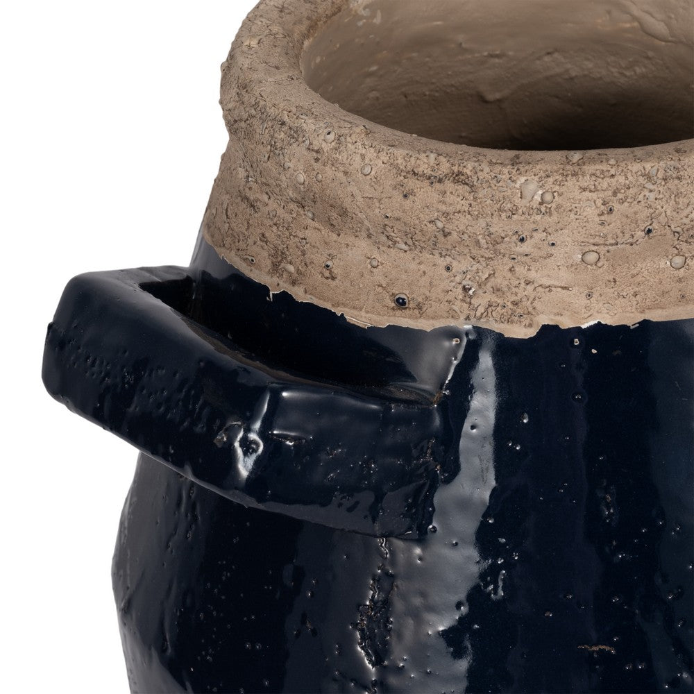 Jaxy Decorative Vase | Squared Side Handle | Navy Blue-Tan Terracotta 14"