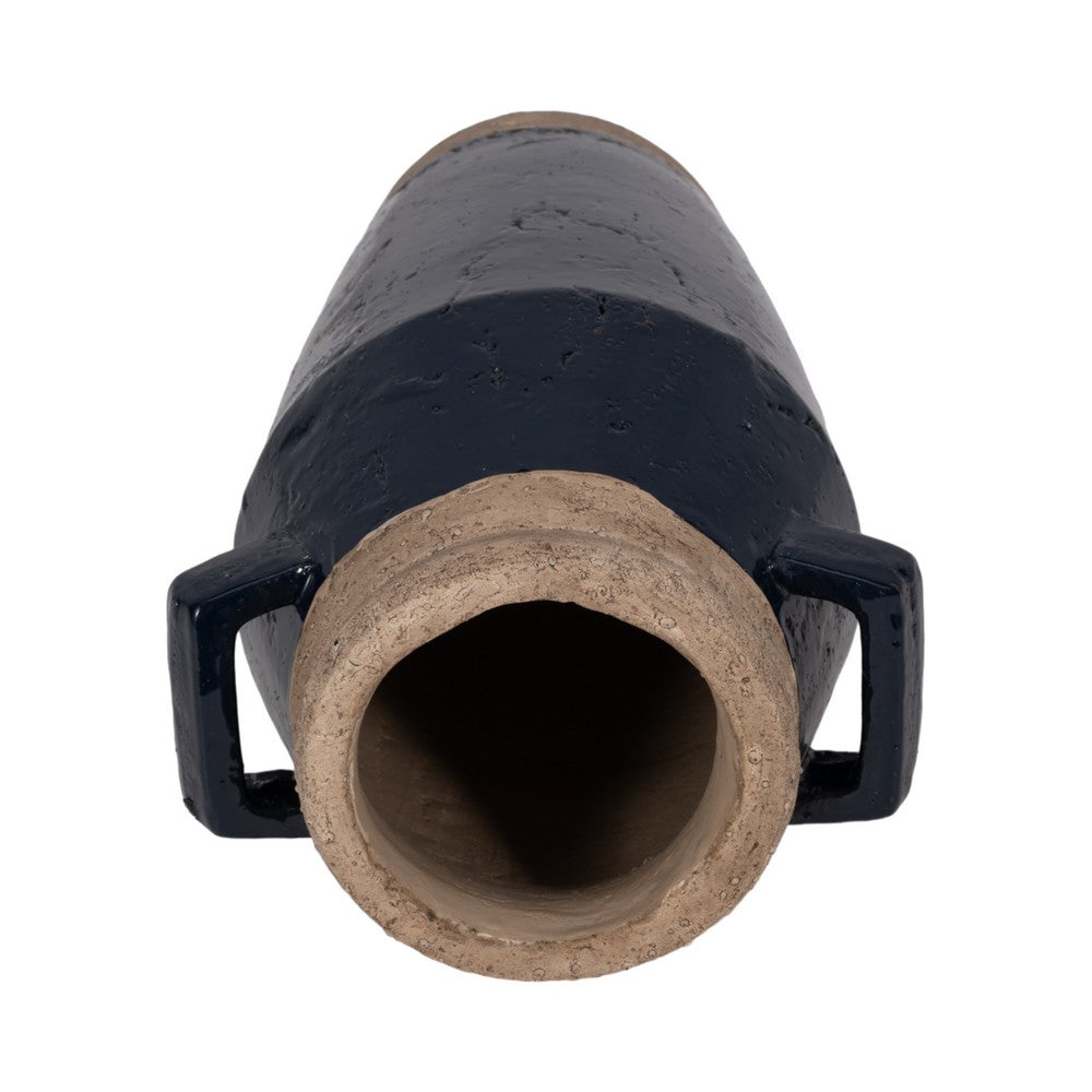 Jaxy Decorative Vase | Squared Side Handle | Navy Blue-Tan Terracotta 14"
