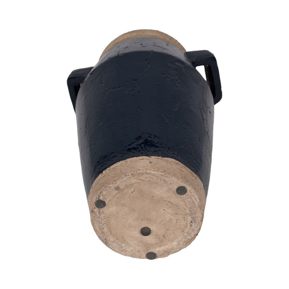 Jaxy Decorative Vase | Squared Side Handle | Navy Blue-Tan Terracotta 14"