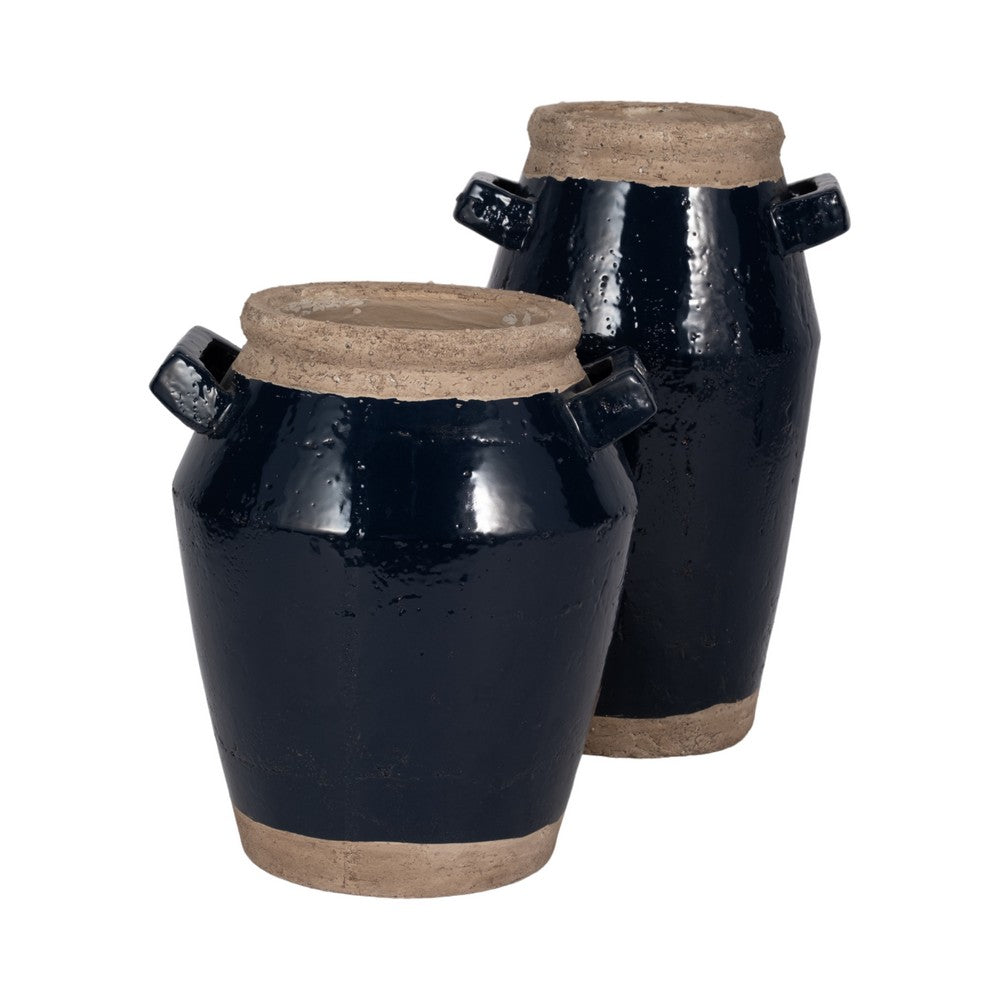 Jaxy Decorative Vase | Squared Side Handle | Navy Blue-Tan Terracotta 14"