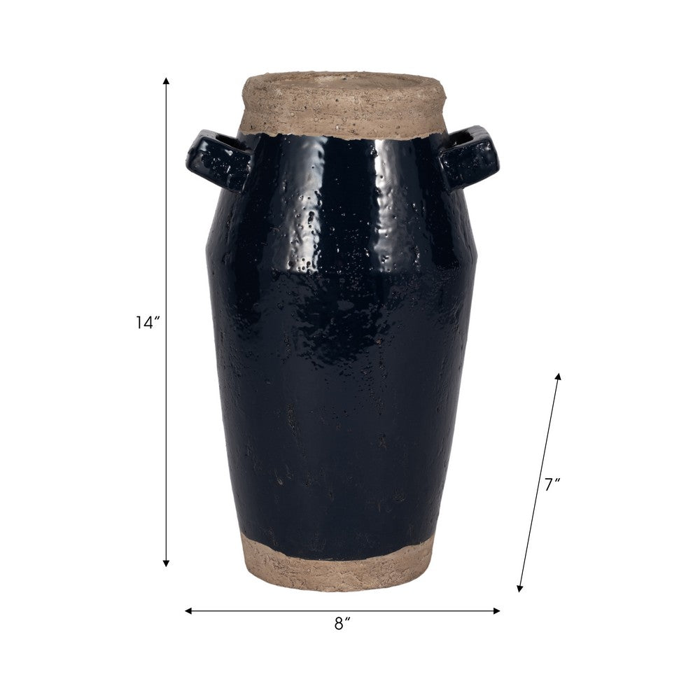 Jaxy Decorative Vase | Squared Side Handle | Navy Blue-Tan Terracotta 14"