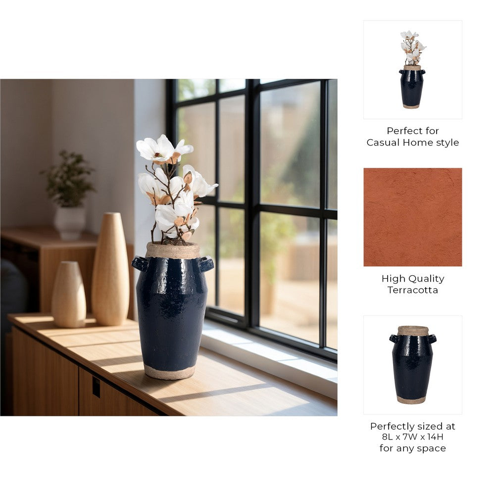 Jaxy Decorative Vase | Squared Side Handle | Navy Blue-Tan Terracotta 14"