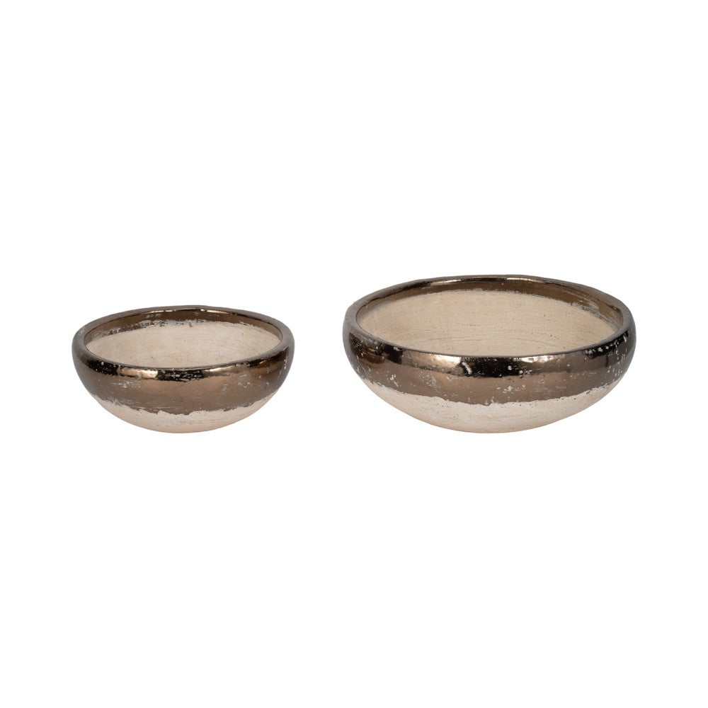 Decorative Accent Bowl Set of 2 | Mud Gray Finish w Gold Rim Accent