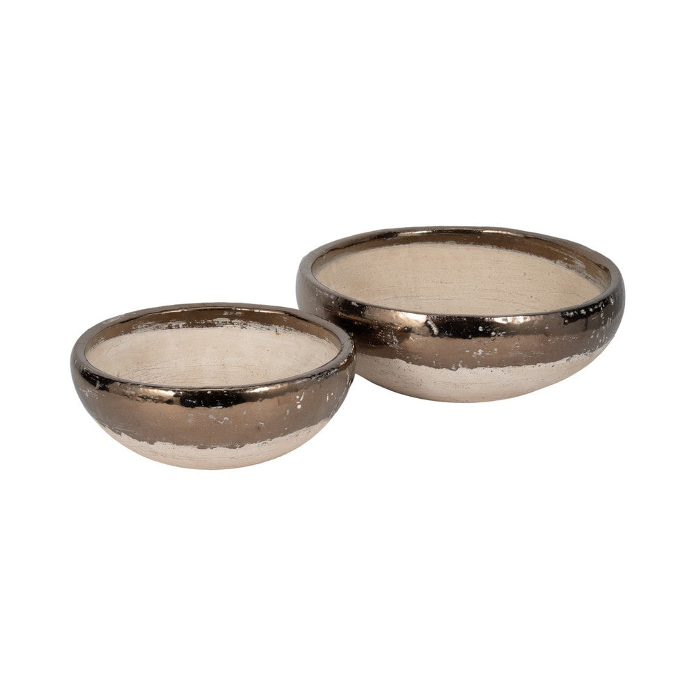 Decorative Accent Bowl Set of 2 | Mud Gray Finish w Gold Rim Accent