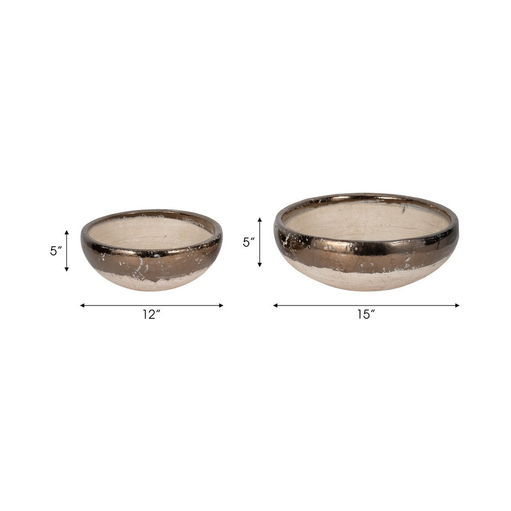 Decorative Accent Bowl Set of 2 | Mud Gray Finish w Gold Rim Accent