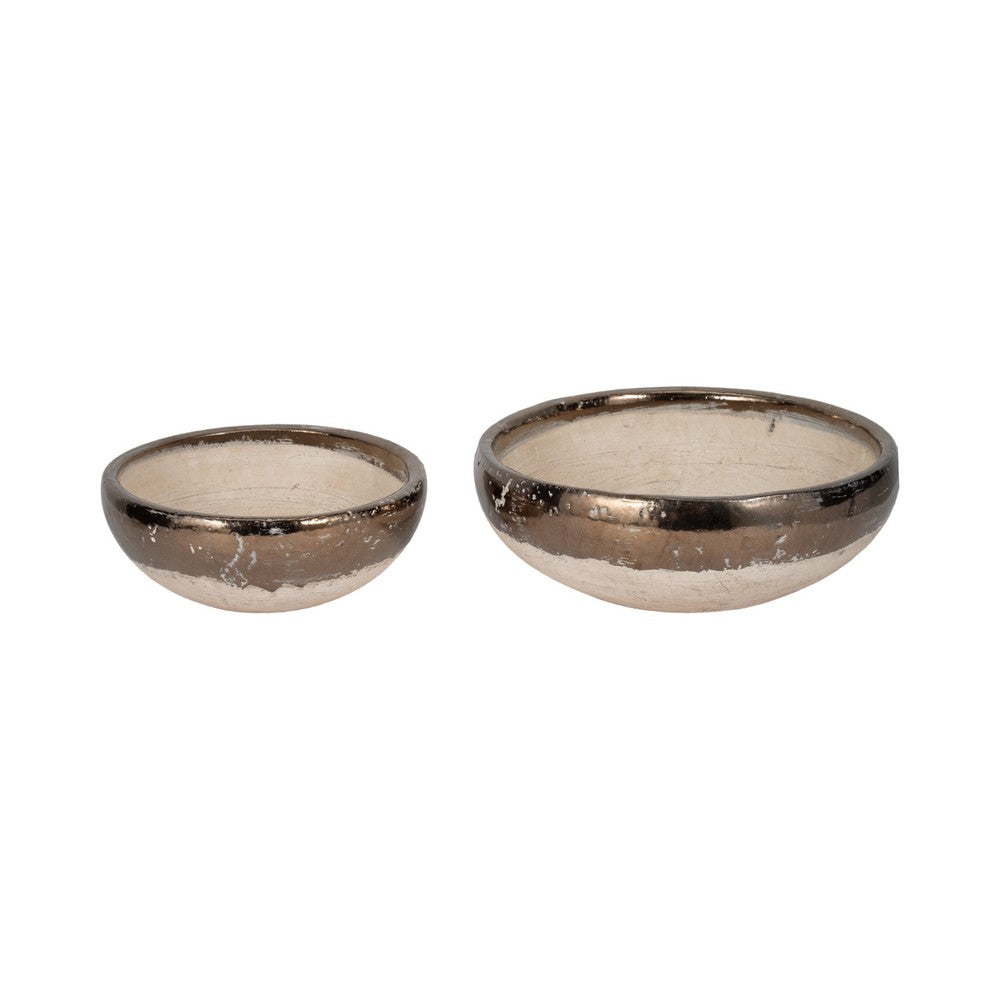 Decorative Accent Bowl Set of 2 | Mud Gray Finish w Gold Rim Accent